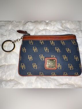 Dooney & Bourke Navy with Tan Trim Logo Plaque Wristlet